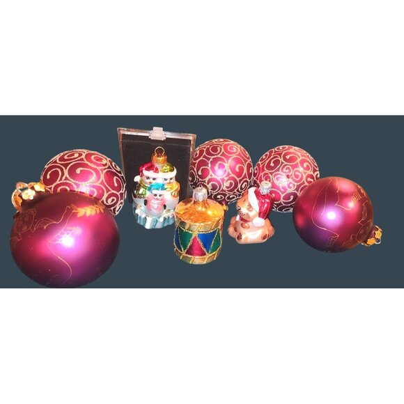 Vintage Lot Of 8 Xmas Ornaments Maroon & Gold Glass/Aluminum Angels & Puppy Figu - Picture 1 of 7